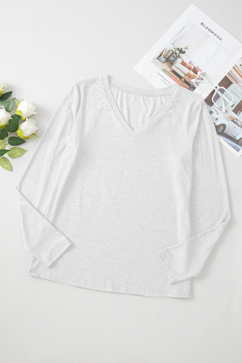 Black Plain V Neck Long Sleeve Top