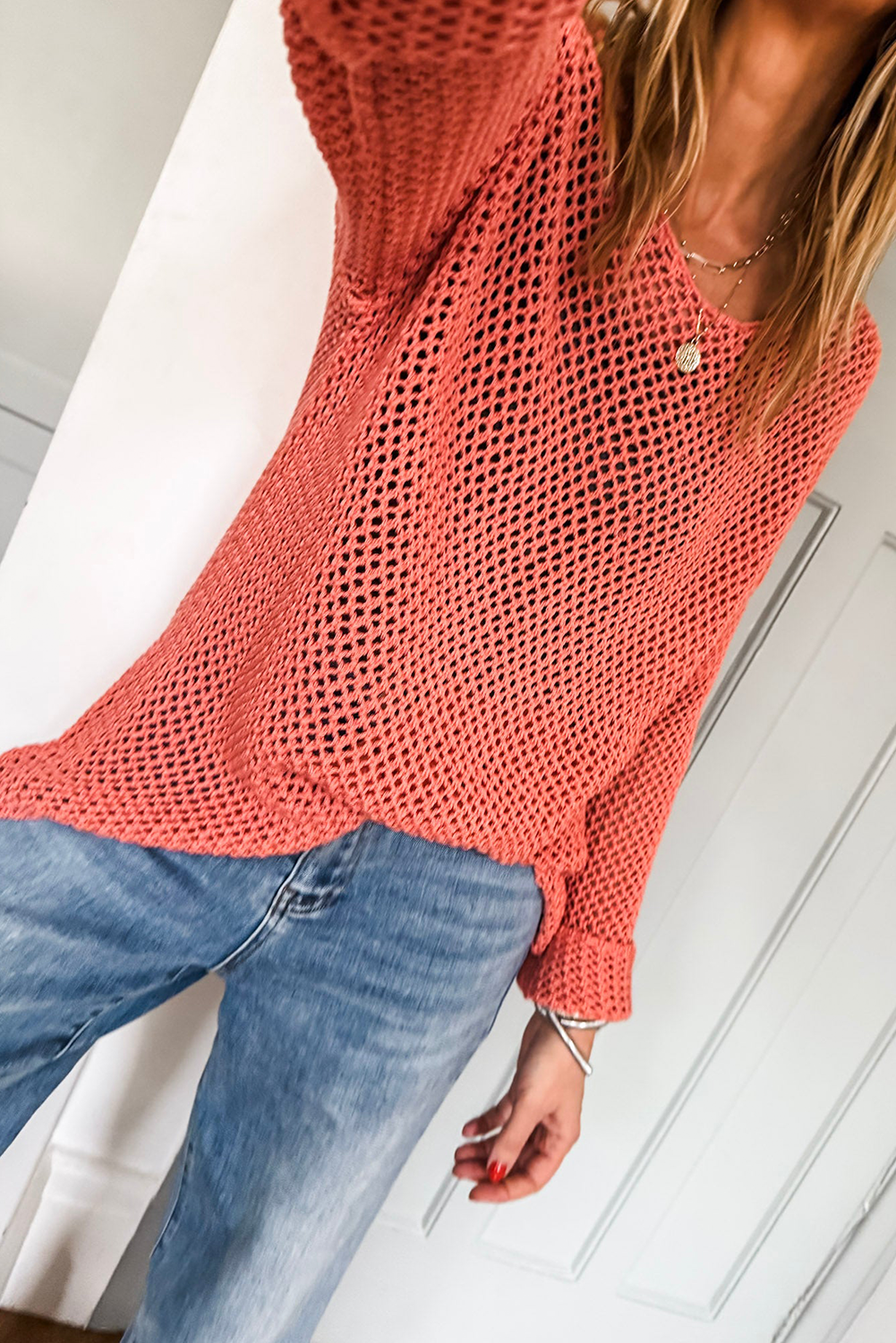Smoke Gray Crochet Hollow-out Knit Sweater