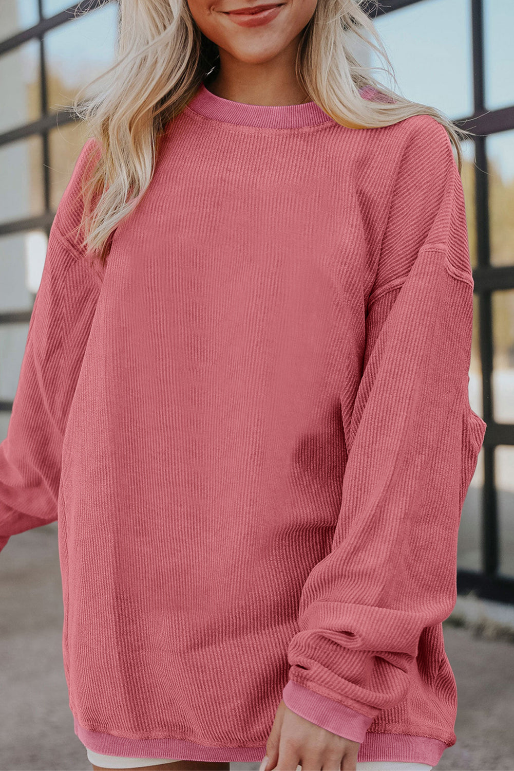 White Drop Shoulder Rib Knit Oversized Sweatshirt