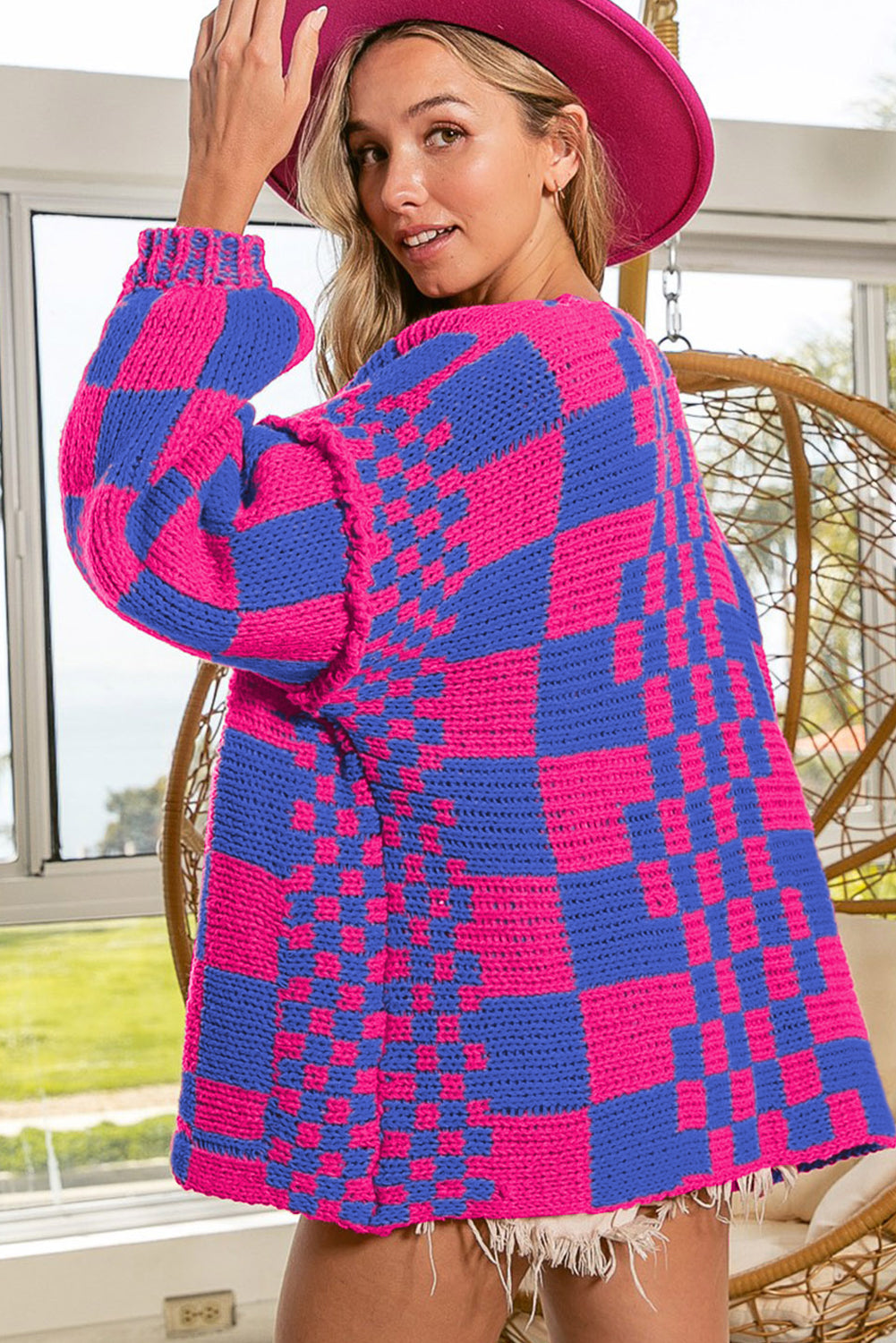 Dark Brown Colorblock Checked Loose Fit Open Front Knitted Cardigan