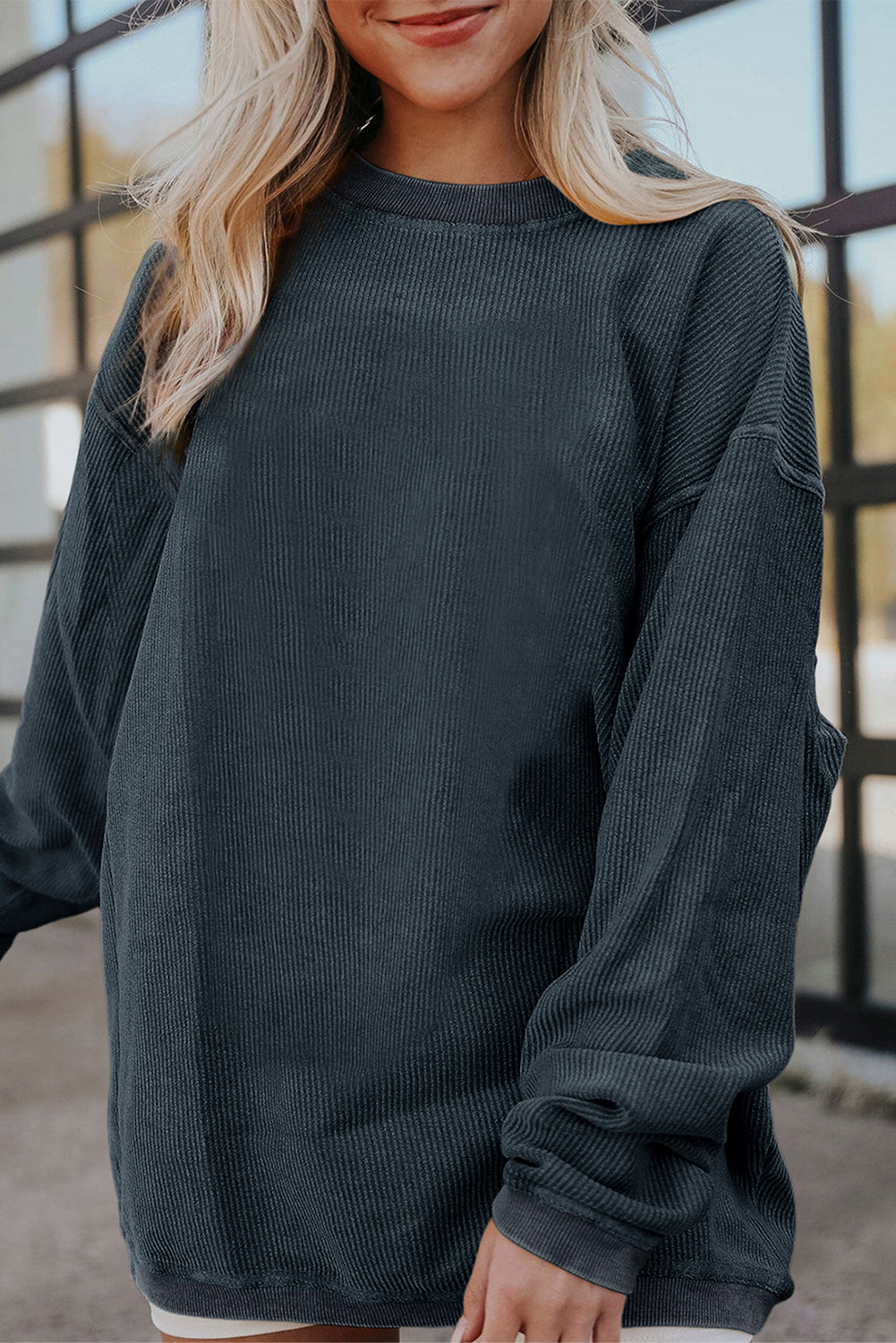 White Drop Shoulder Rib Knit Oversized Sweatshirt