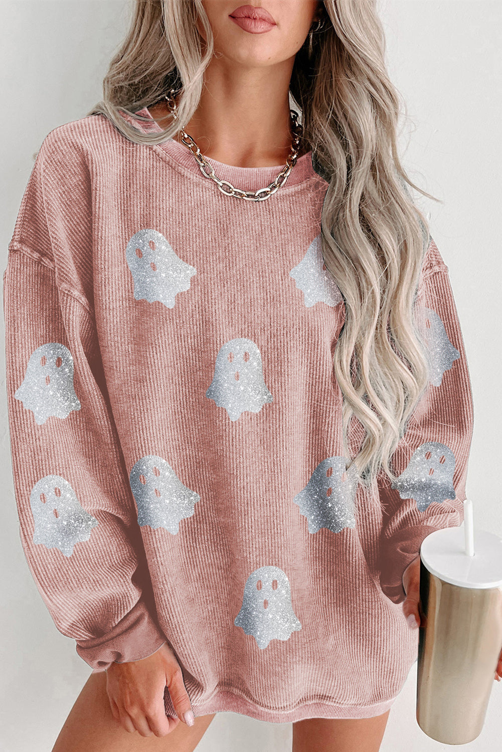 Black Halloween Ghost Transfer Vinyl Process Corded Crew Neck Loose Sweatshirt