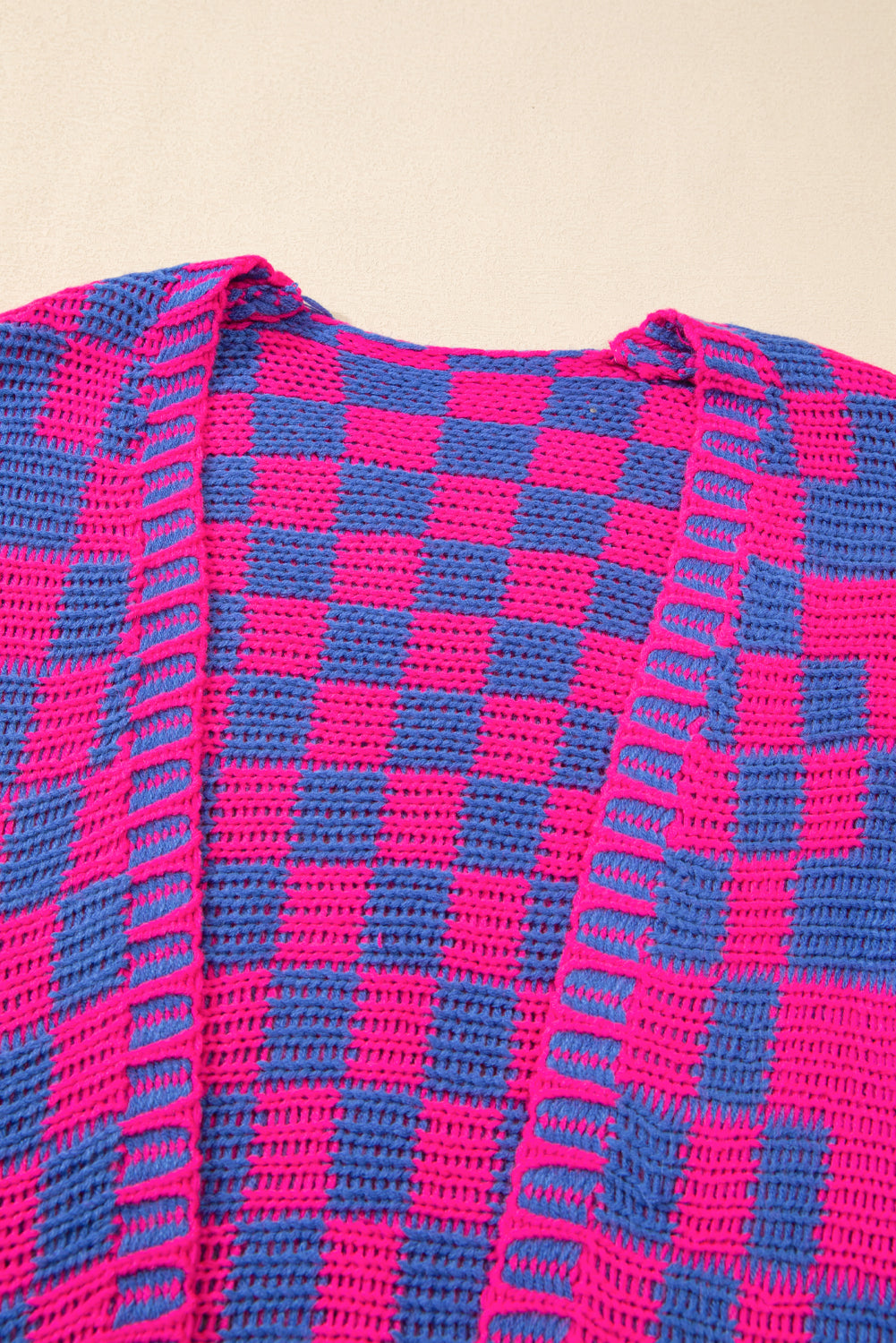 Dark Brown Colorblock Checked Loose Fit Open Front Knitted Cardigan