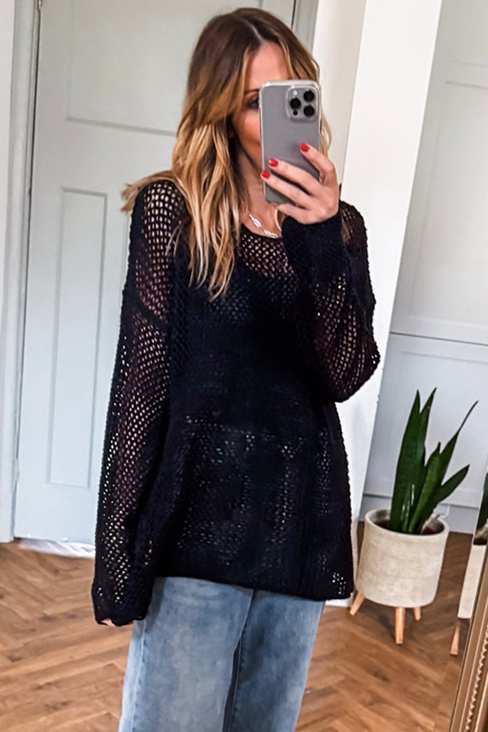 Smoke Gray Crochet Hollow-out Knit Sweater