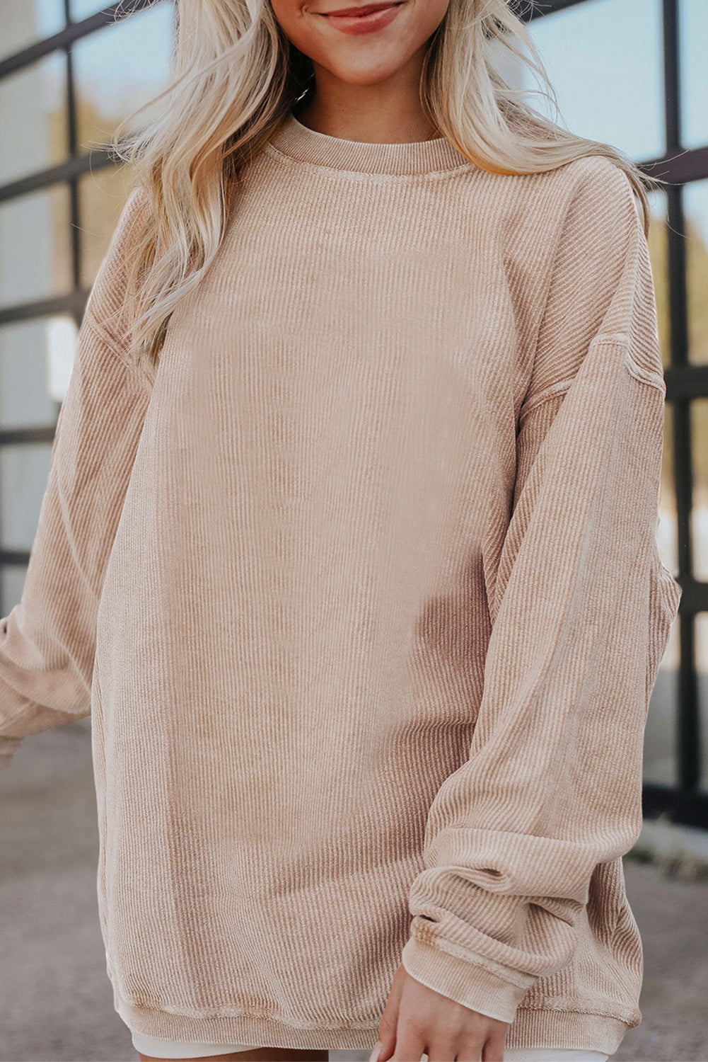 White Drop Shoulder Rib Knit Oversized Sweatshirt