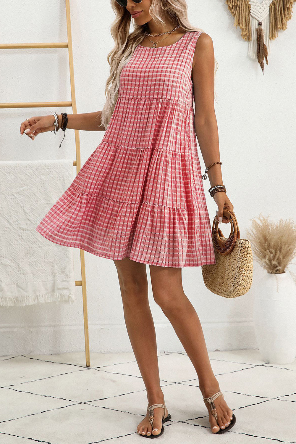 Black Gingham High Waist Sleeveless Mini Dress