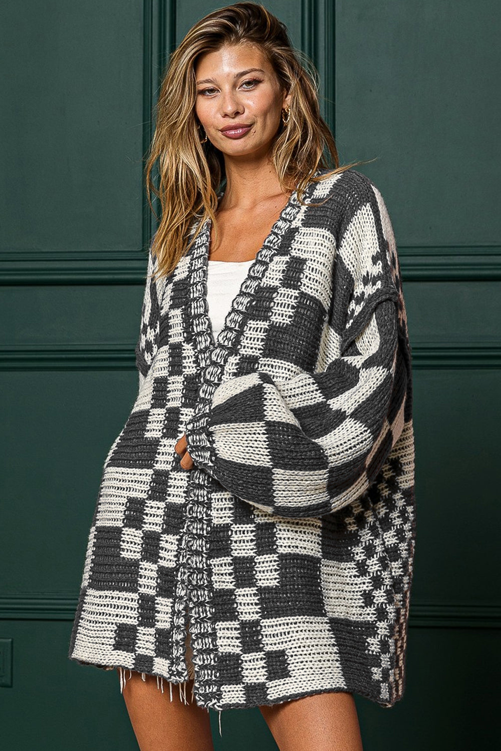 Dark Brown Colorblock Checked Loose Fit Open Front Knitted Cardigan