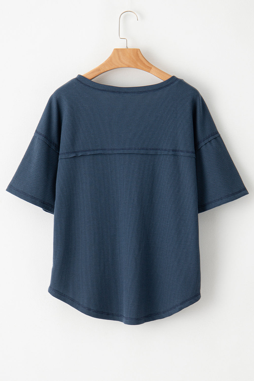 Rose Exposed Seam Drop Sleeve V Neck Waffle Textured Top