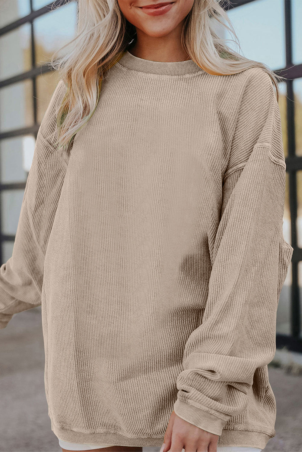 White Drop Shoulder Rib Knit Oversized Sweatshirt
