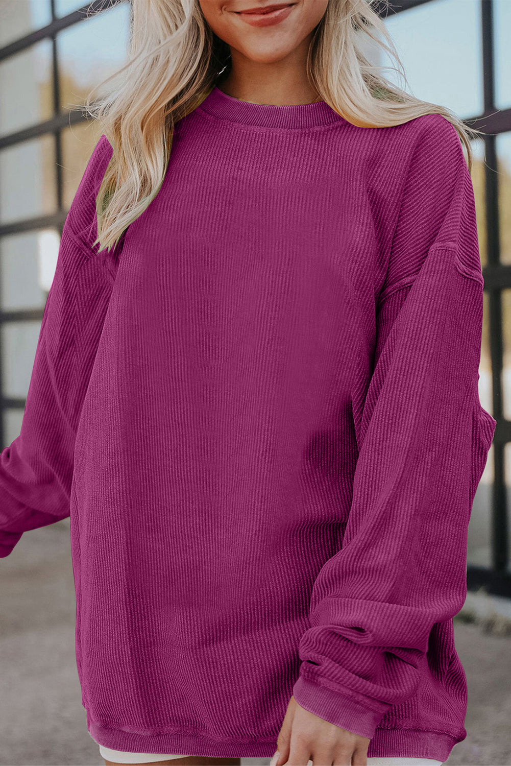 White Drop Shoulder Rib Knit Oversized Sweatshirt