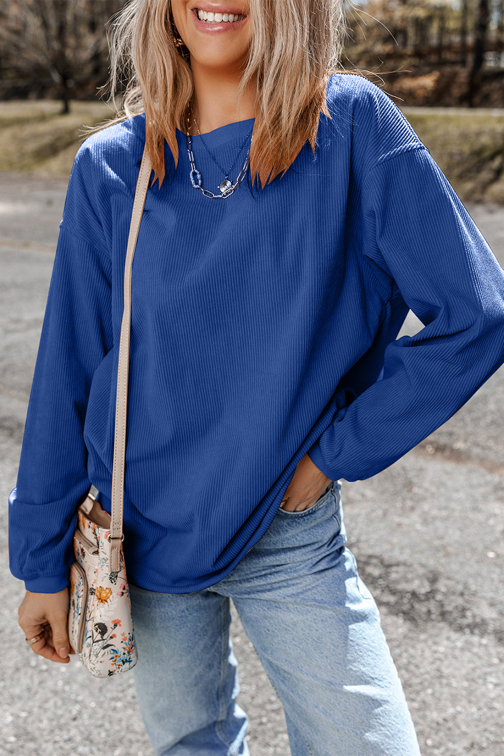 White Drop Shoulder Rib Knit Oversized Sweatshirt