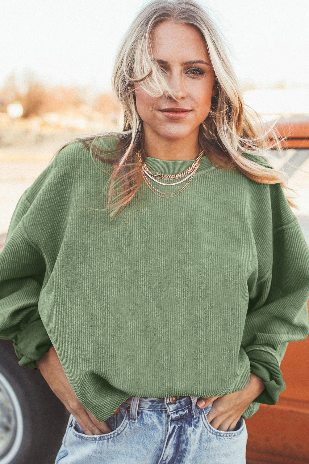 White Drop Shoulder Rib Knit Oversized Sweatshirt