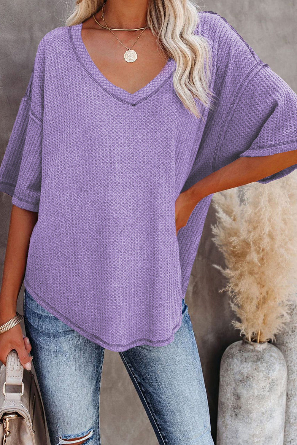 Rose Exposed Seam Drop Sleeve V Neck Waffle Textured Top