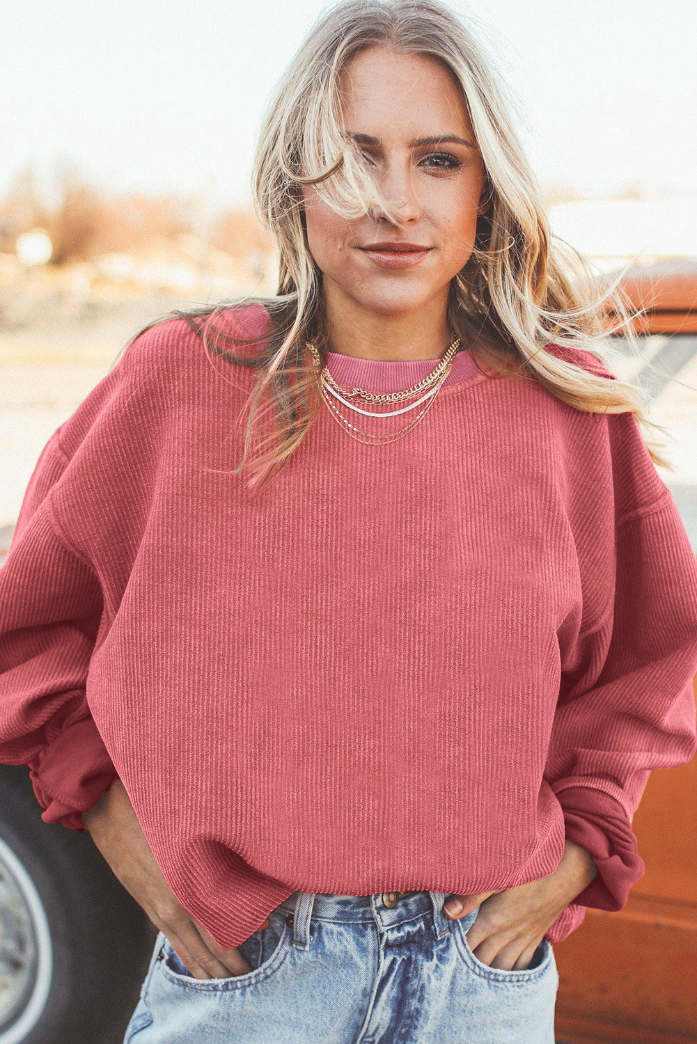 White Drop Shoulder Rib Knit Oversized Sweatshirt