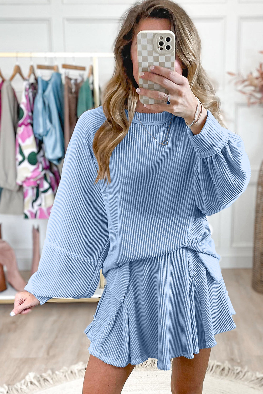 Jet Stream Corded Lantern Sleeve Pullover and Ruffle Mini Skirt Set