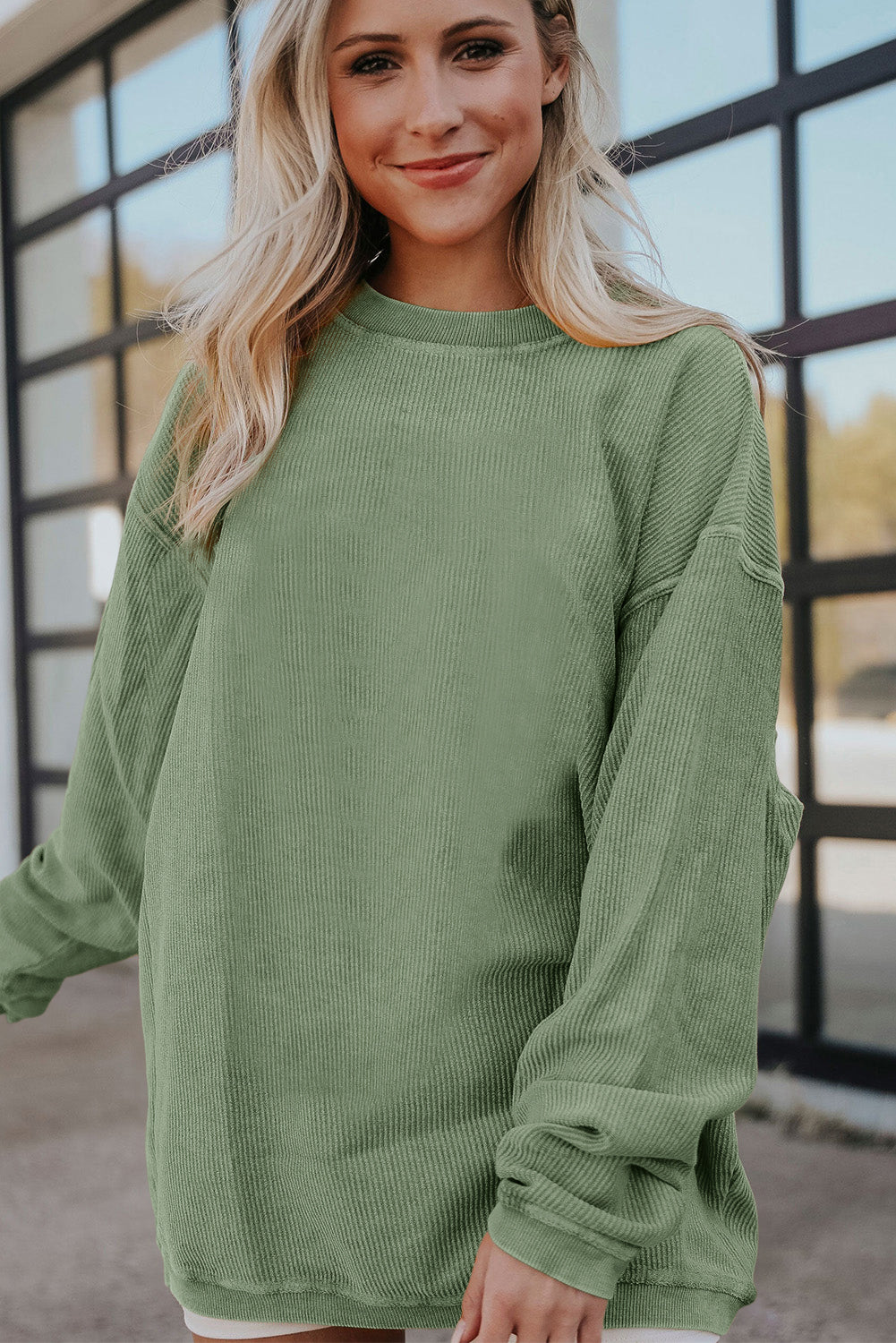 White Drop Shoulder Rib Knit Oversized Sweatshirt