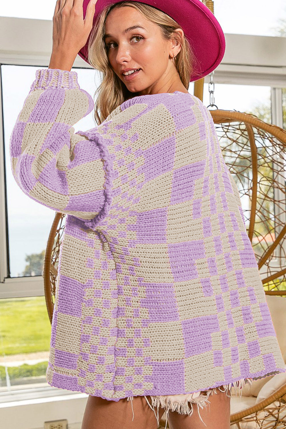 Dark Brown Colorblock Checked Loose Fit Open Front Knitted Cardigan