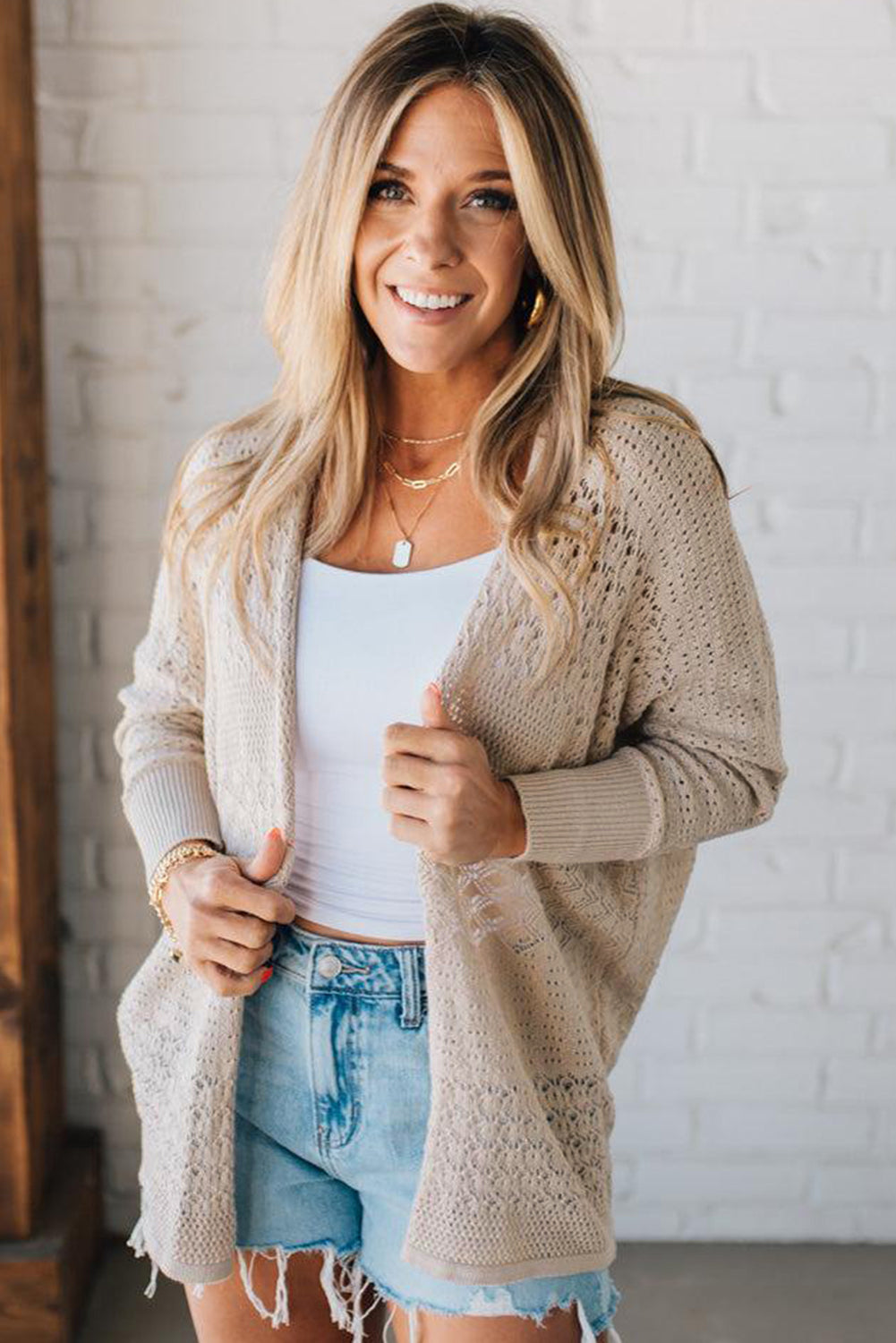 Jet Stream Mix Pattern Hollow Knit Open Front Cardigan