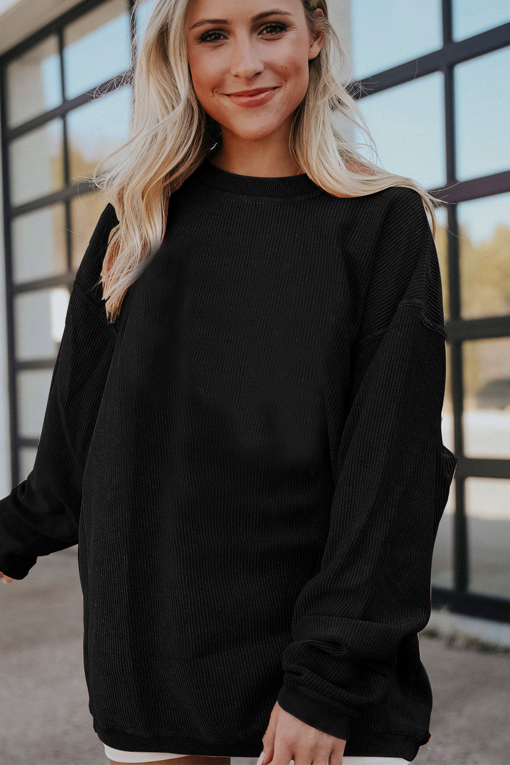 White Drop Shoulder Rib Knit Oversized Sweatshirt