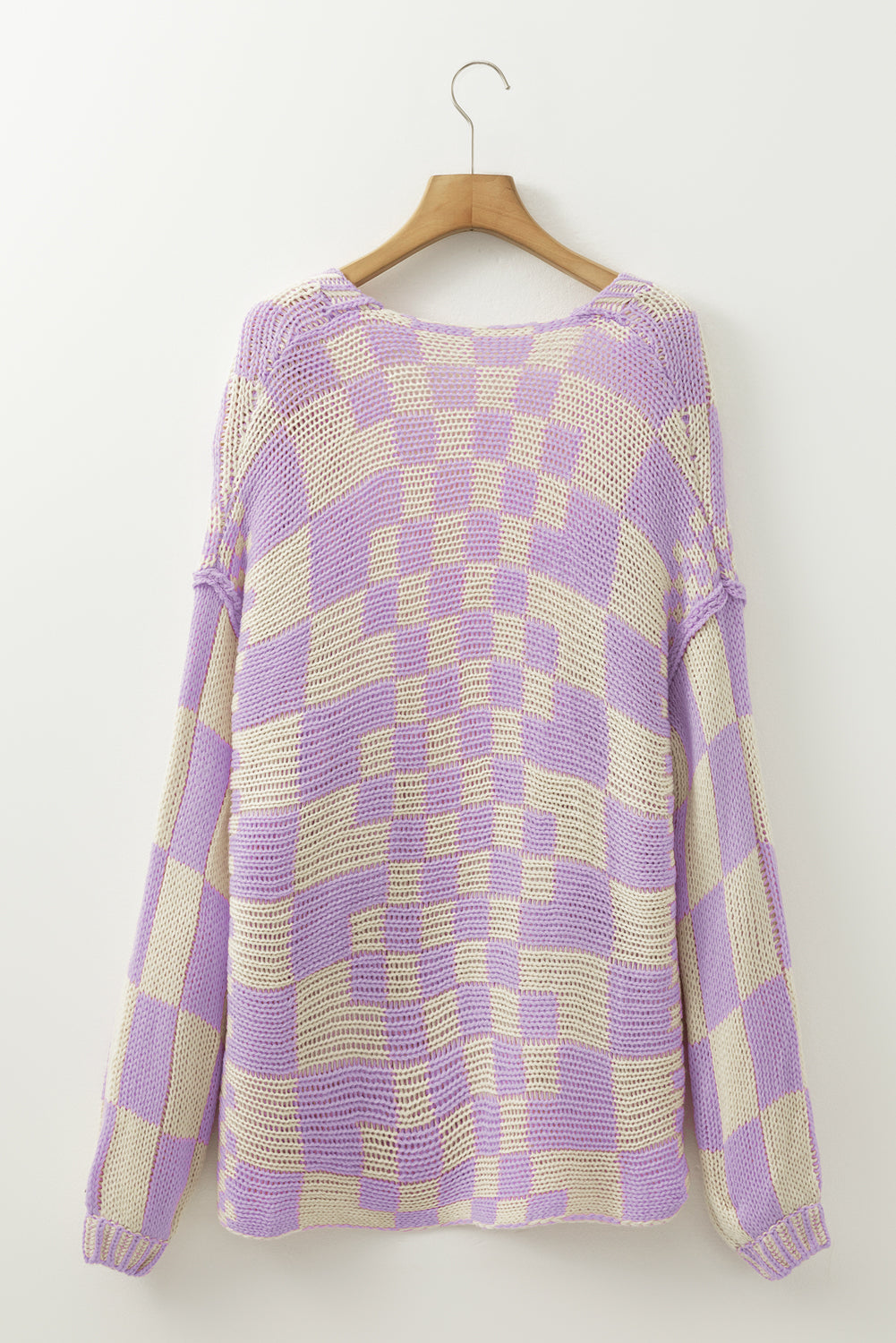 Dark Brown Colorblock Checked Loose Fit Open Front Knitted Cardigan