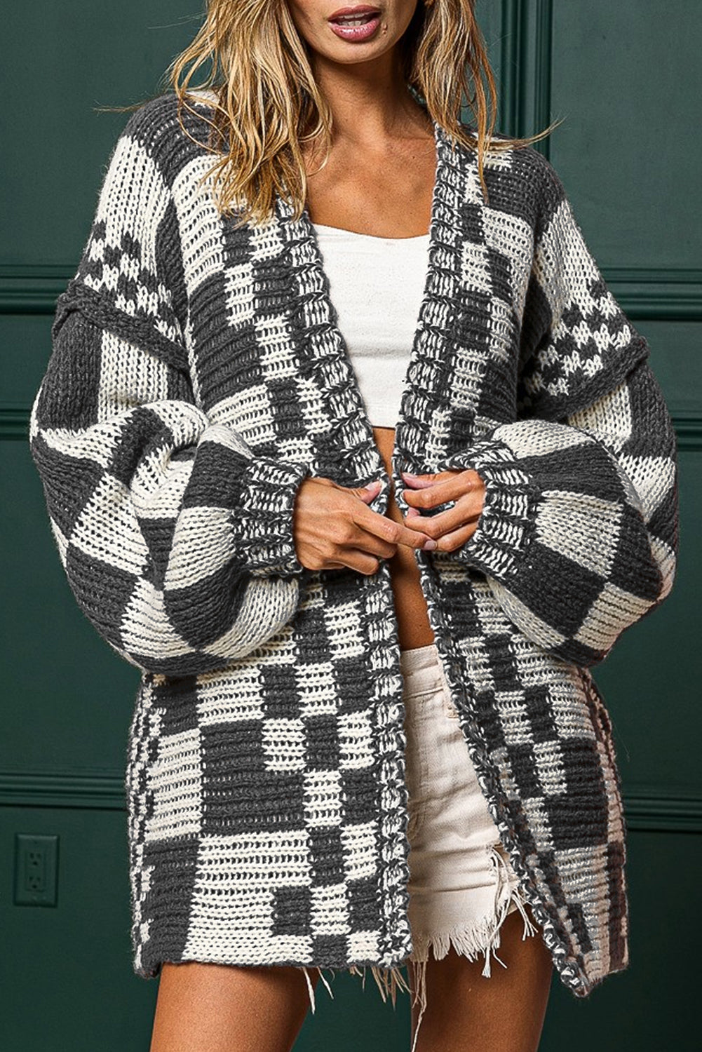 Dark Brown Colorblock Checked Loose Fit Open Front Knitted Cardigan
