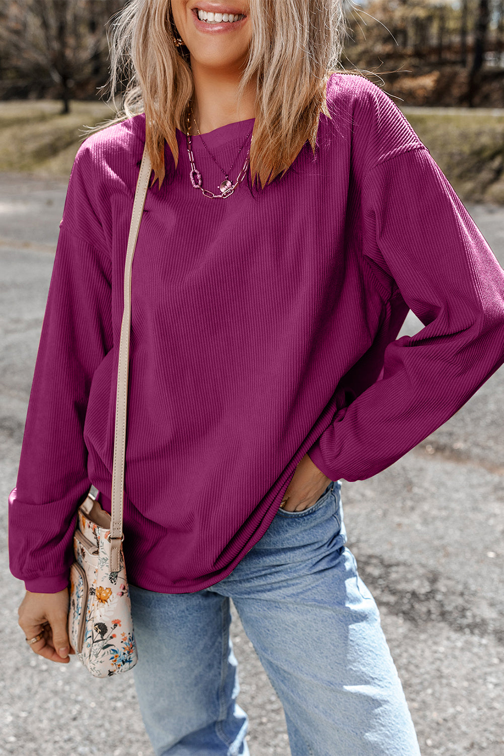 White Drop Shoulder Rib Knit Oversized Sweatshirt