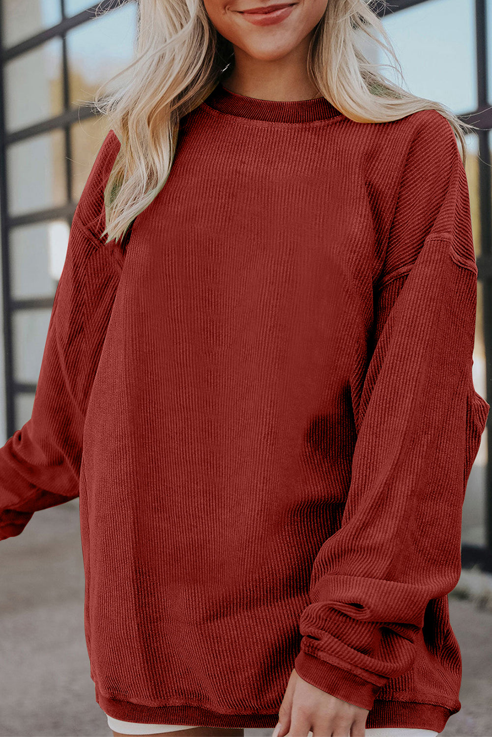 White Drop Shoulder Rib Knit Oversized Sweatshirt