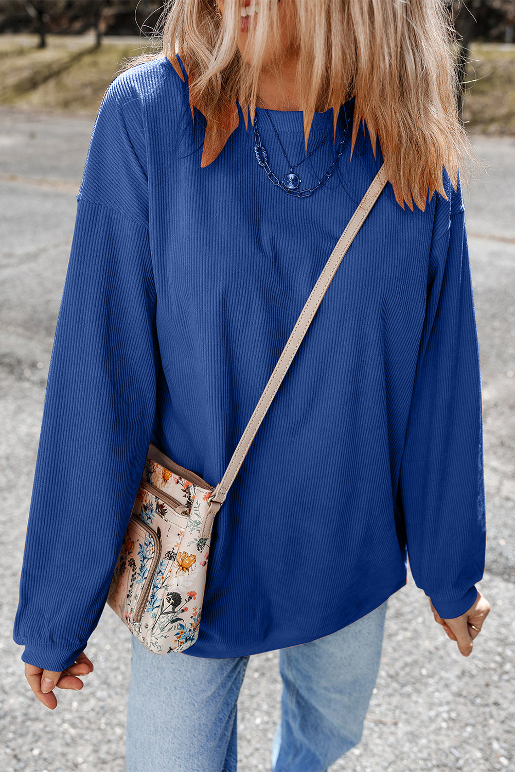 White Drop Shoulder Rib Knit Oversized Sweatshirt