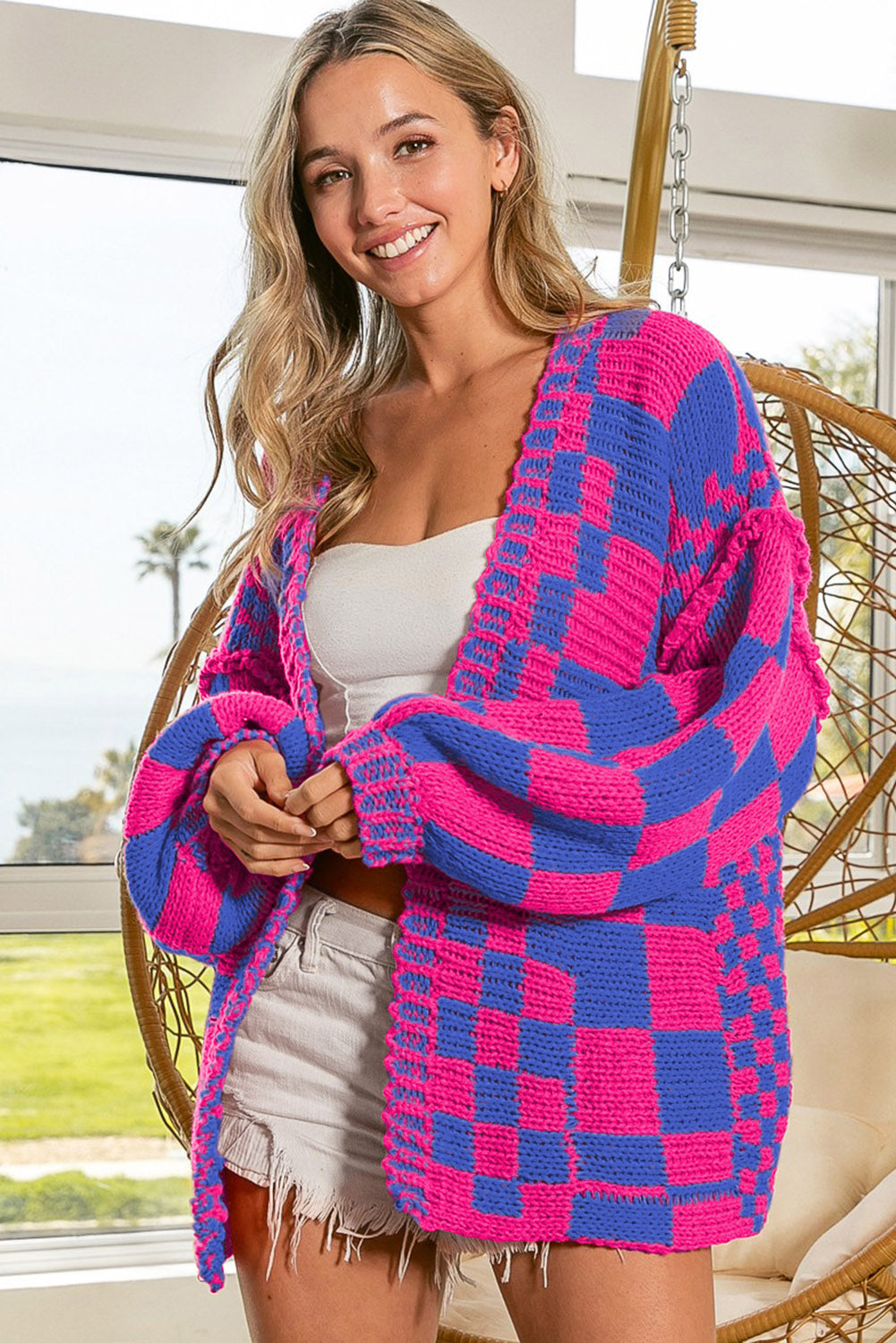 Dark Brown Colorblock Checked Loose Fit Open Front Knitted Cardigan
