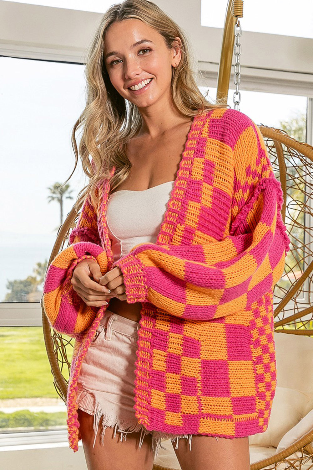 Dark Brown Colorblock Checked Loose Fit Open Front Knitted Cardigan