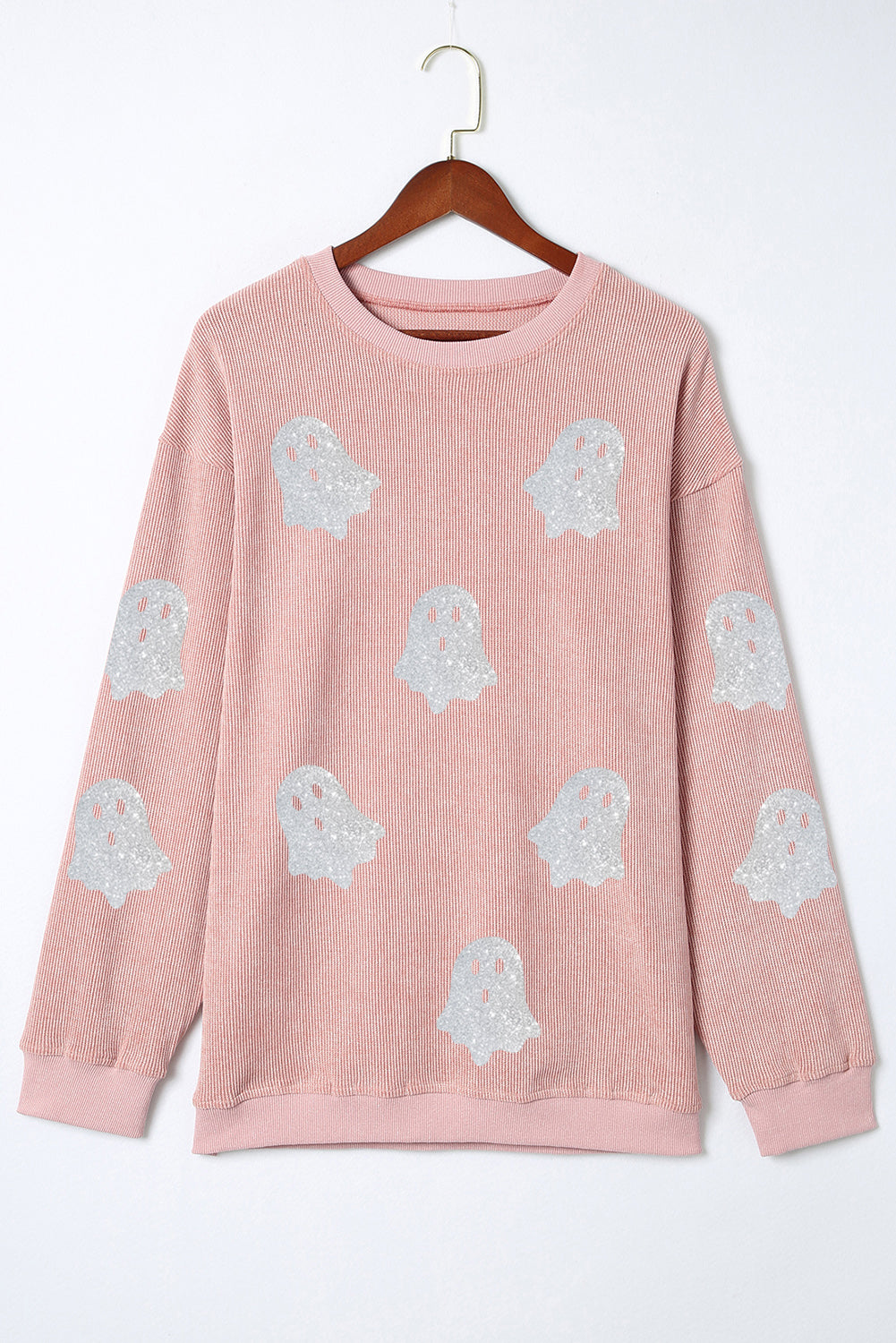 Black Halloween Ghost Transfer Vinyl Process Corded Crew Neck Loose Sweatshirt