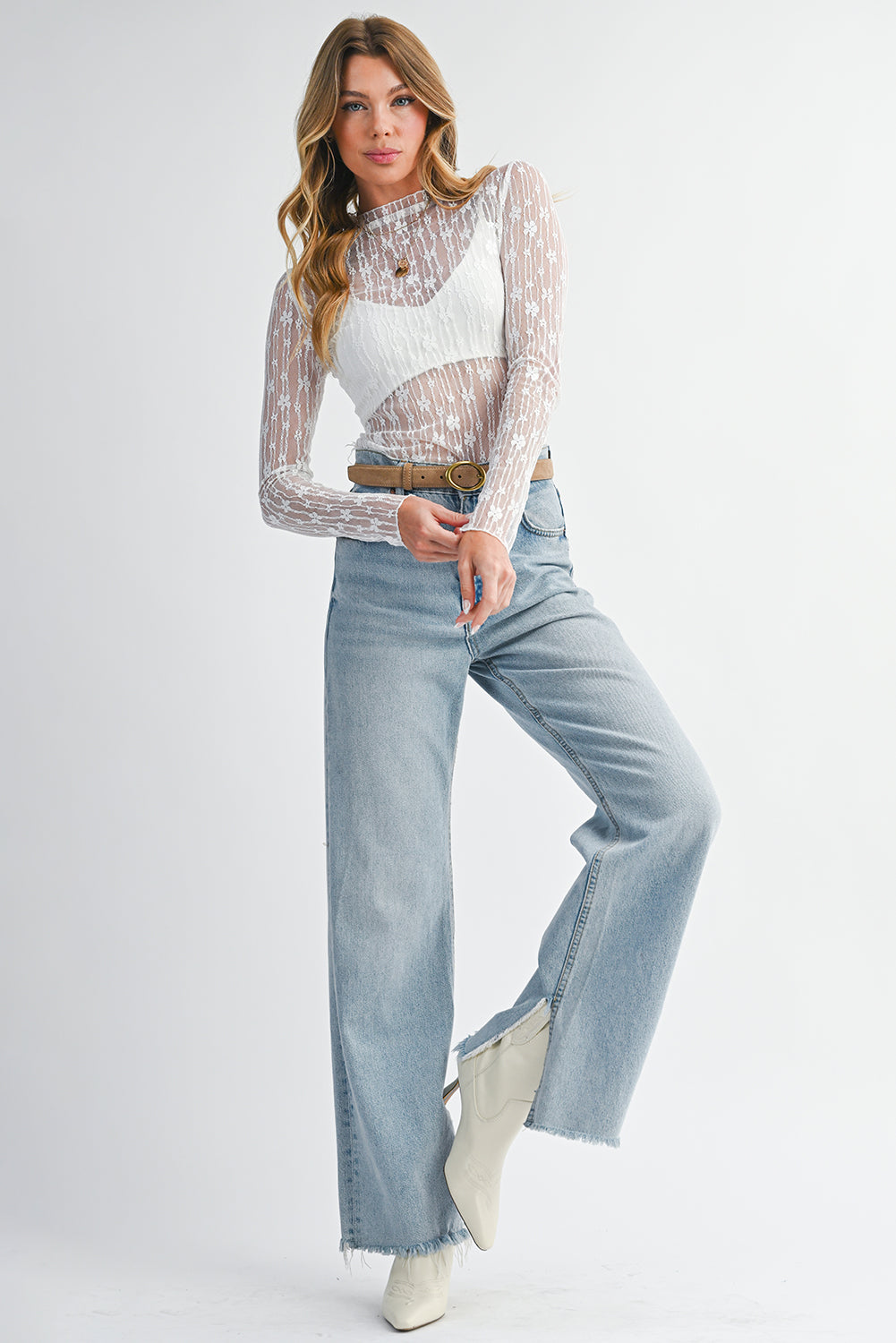 Black Sheer Floral Lace Long Sleeve Slim Fit Top