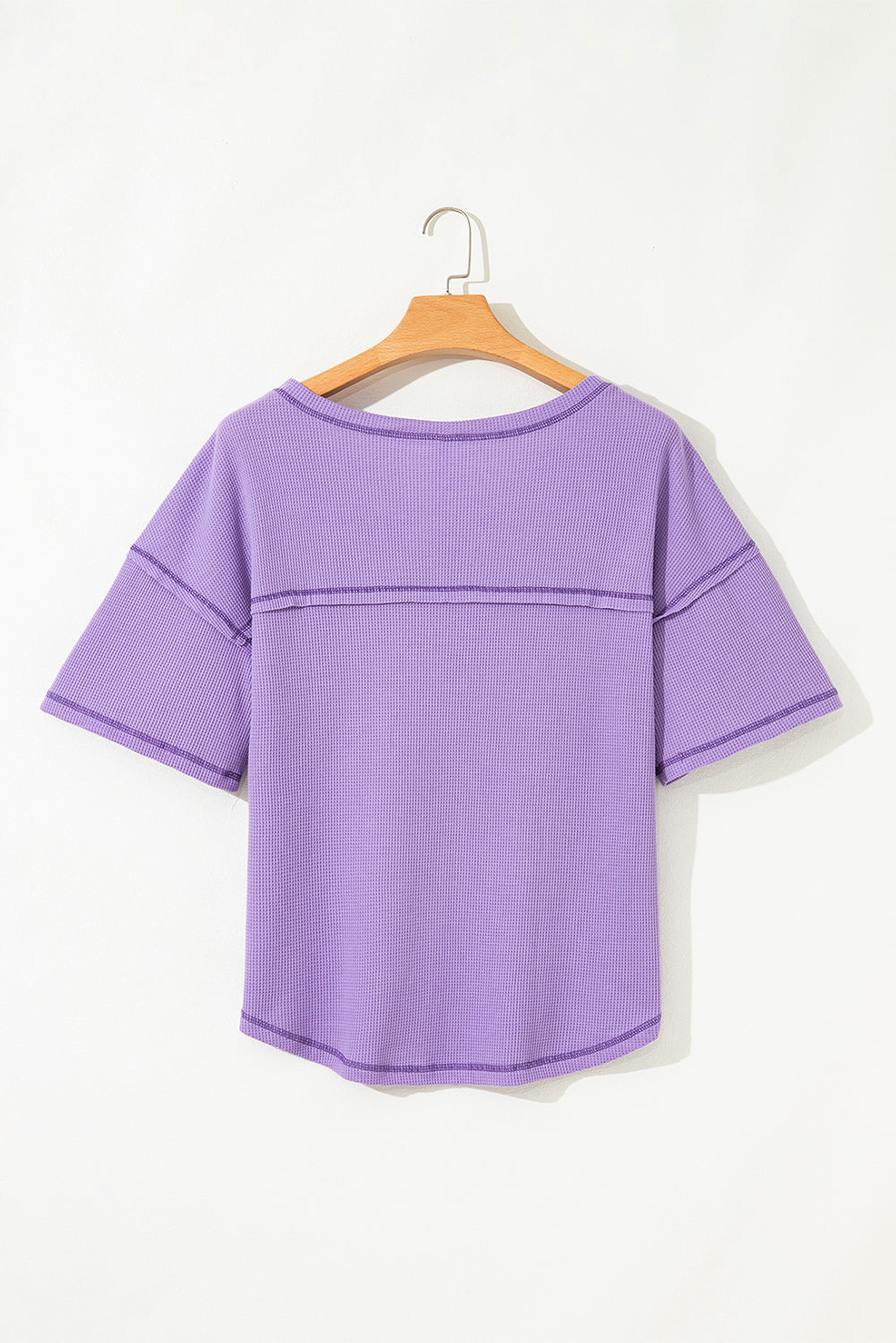Rose Exposed Seam Drop Sleeve V Neck Waffle Textured Top