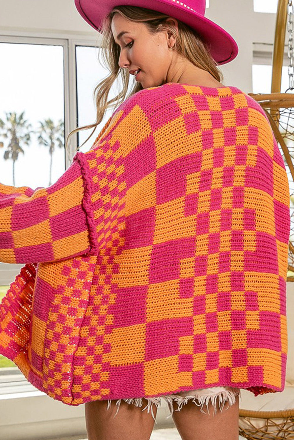 Dark Brown Colorblock Checked Loose Fit Open Front Knitted Cardigan