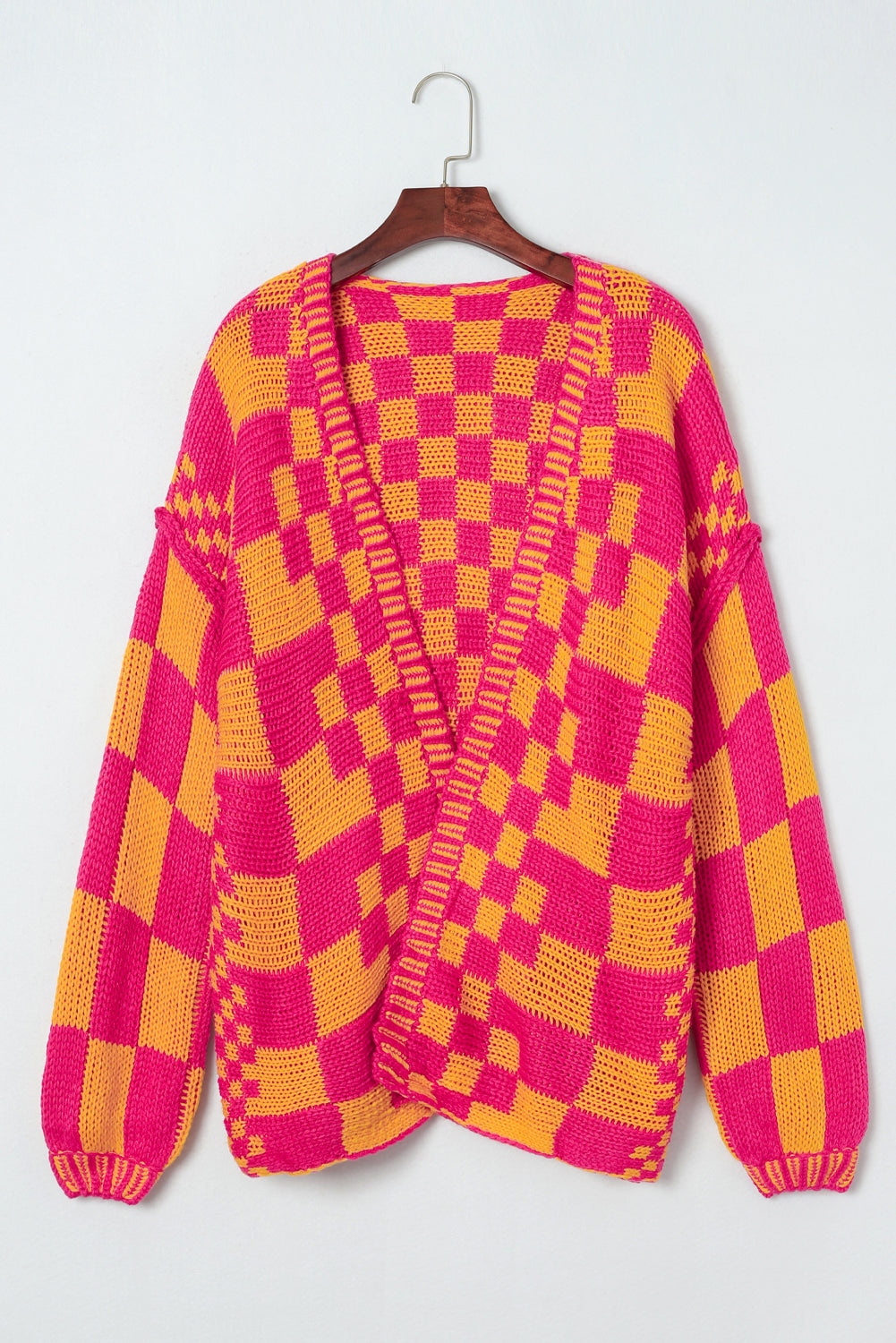 Dark Brown Colorblock Checked Loose Fit Open Front Knitted Cardigan