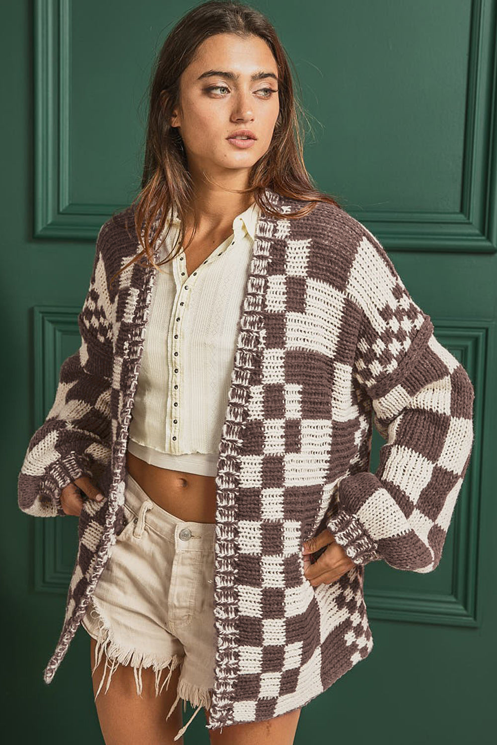 Dark Brown Colorblock Checked Loose Fit Open Front Knitted Cardigan