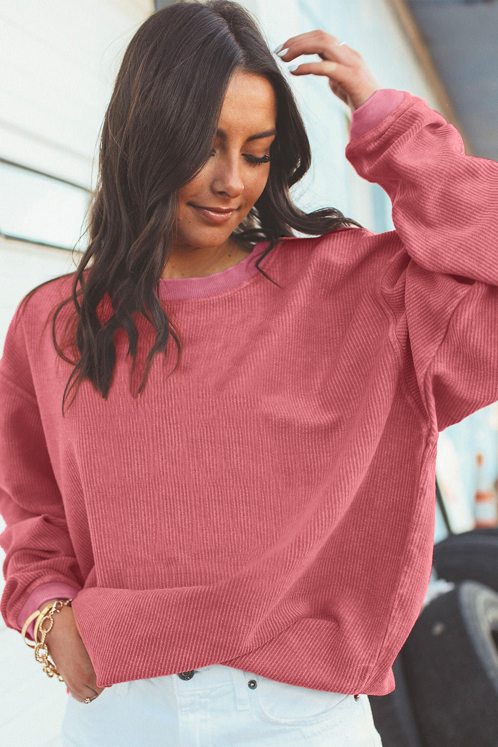 White Drop Shoulder Rib Knit Oversized Sweatshirt