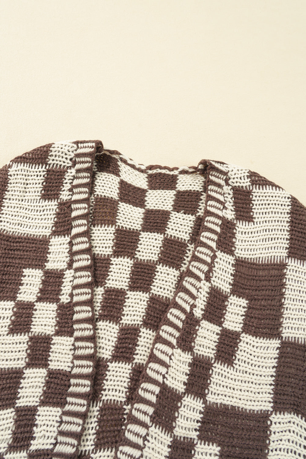 Dark Brown Colorblock Checked Loose Fit Open Front Knitted Cardigan