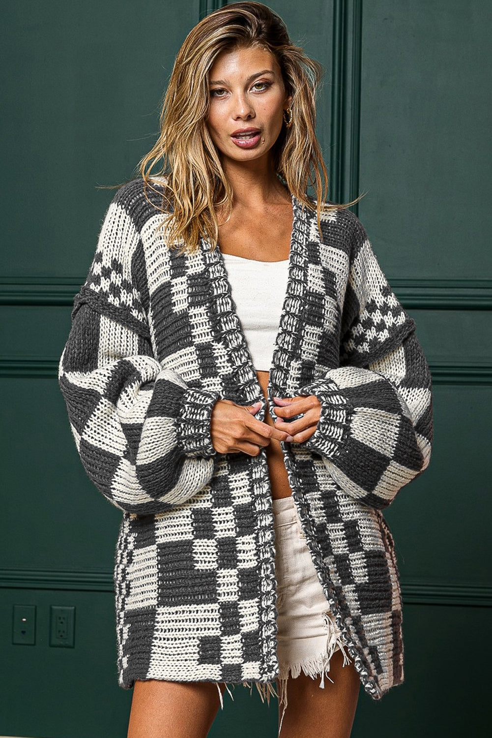 Dark Brown Colorblock Checked Loose Fit Open Front Knitted Cardigan