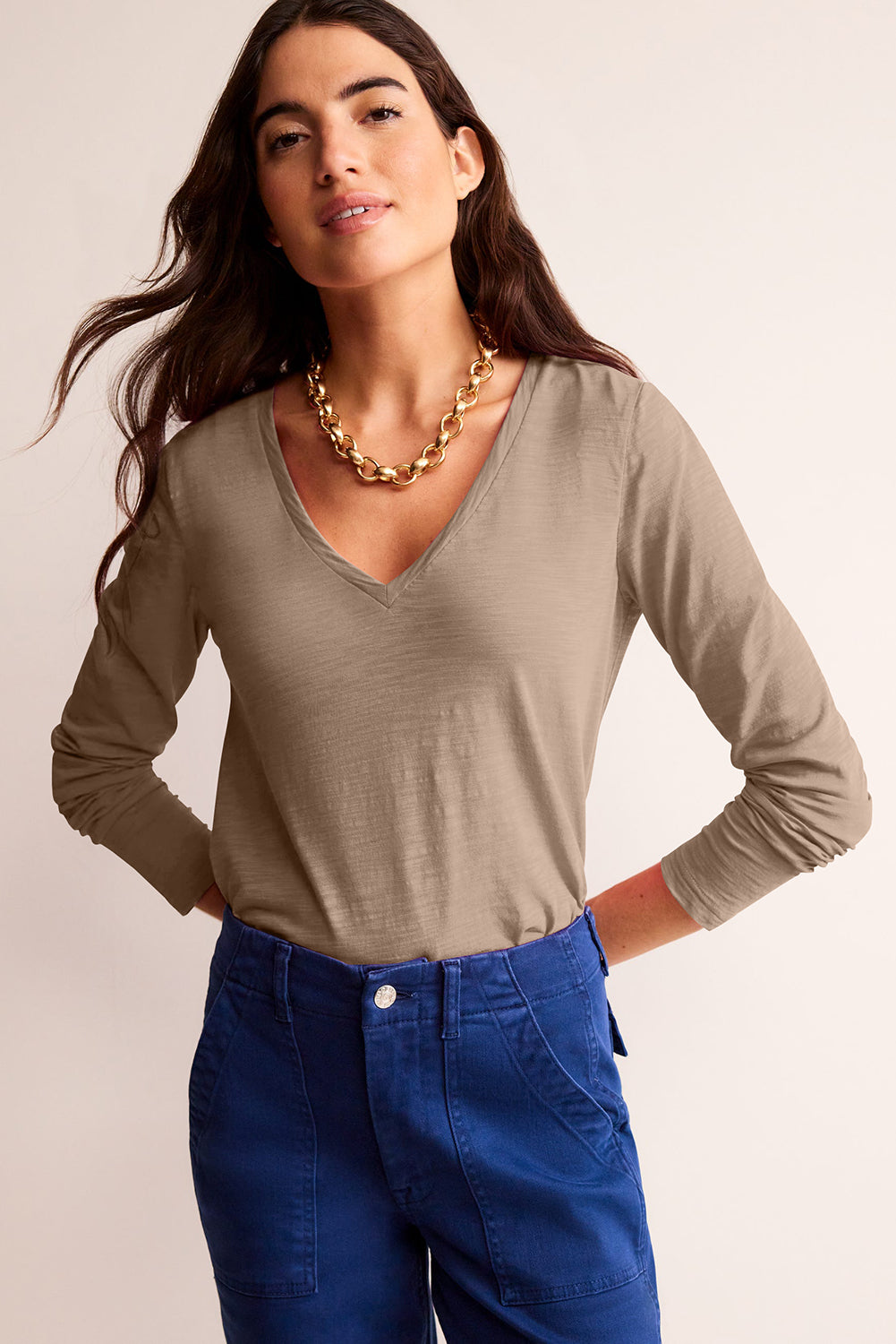 Black Plain V Neck Long Sleeve Top