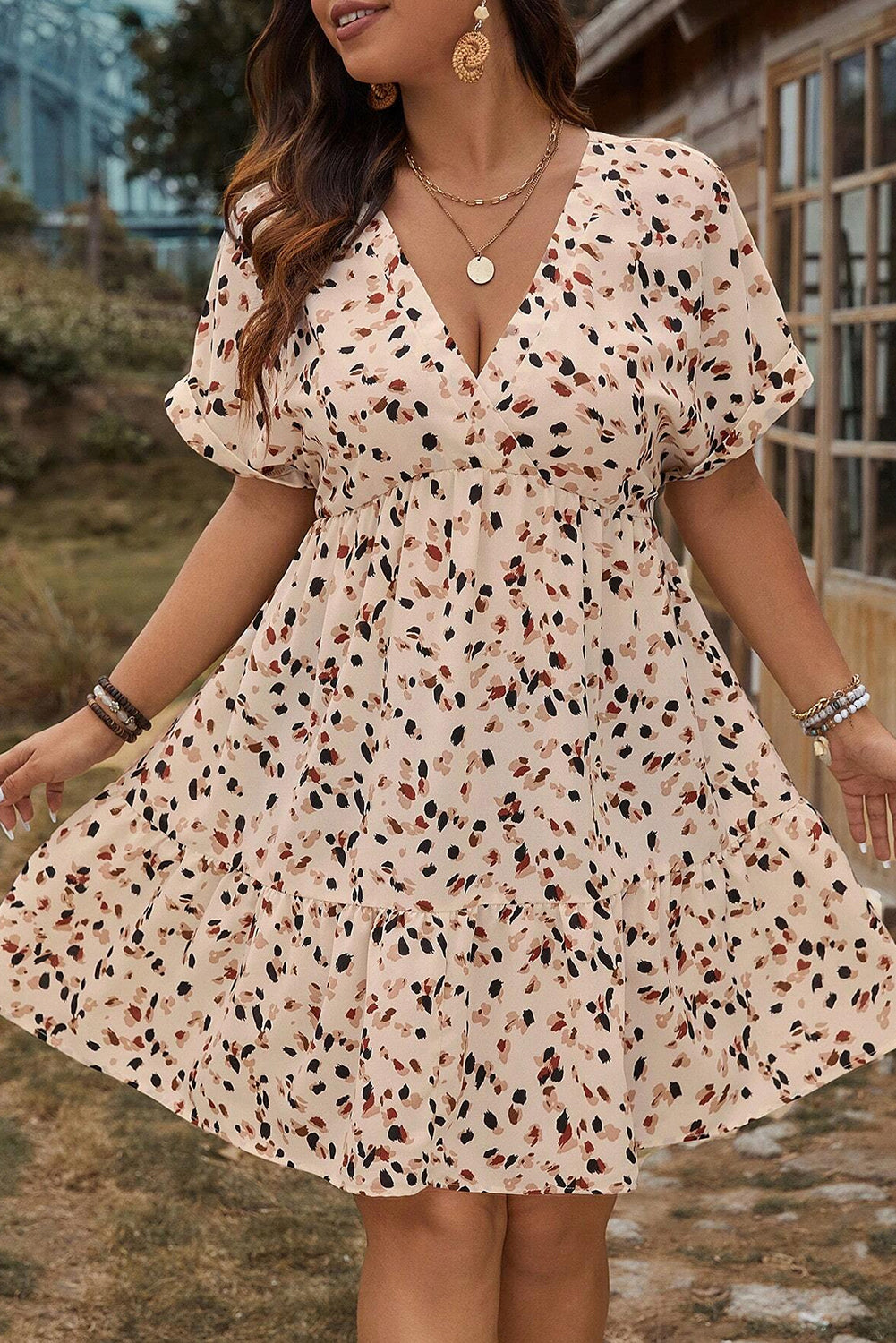 Beige Abstract Print Surplice V Neck Cuffed Sleeve Empire Waist Plus Size Dress
