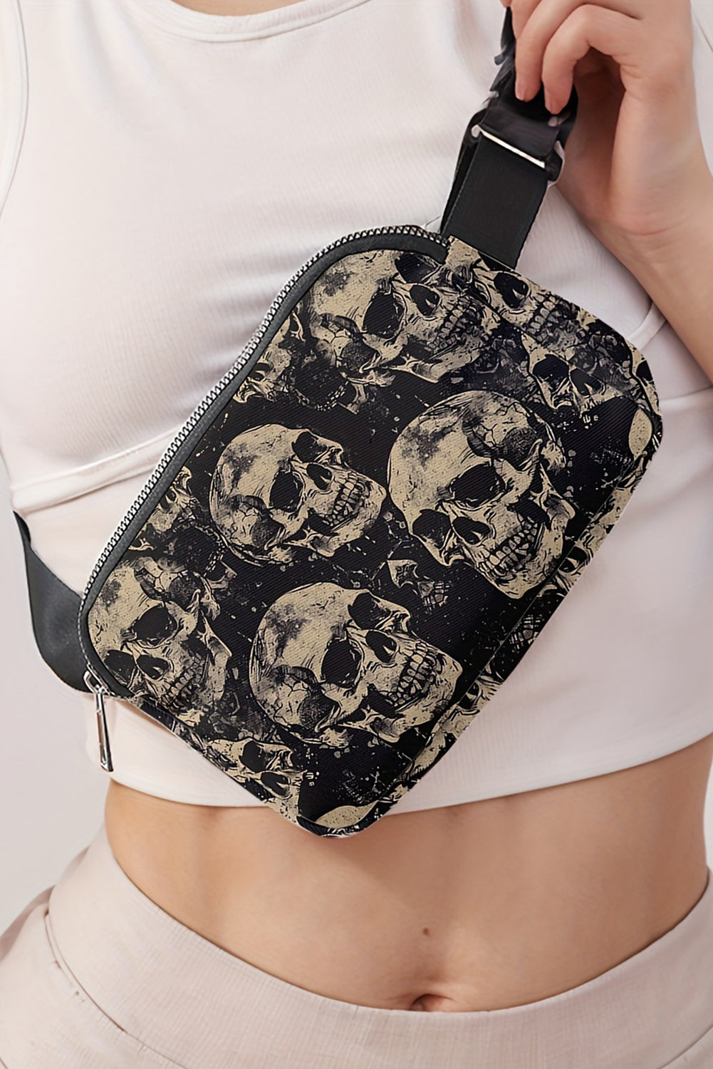 Black Skull Print Adjustable Strap Crossbody Bag