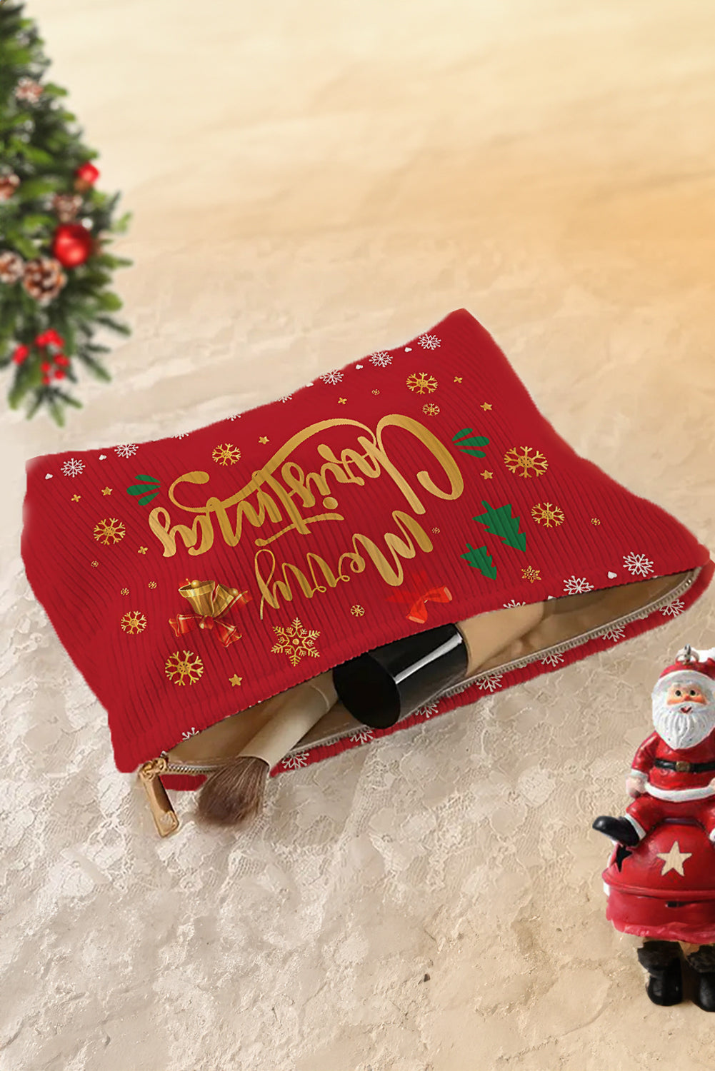 White Christmas Nutcracker Print Corduroy Zip Up Cosmetic Bag