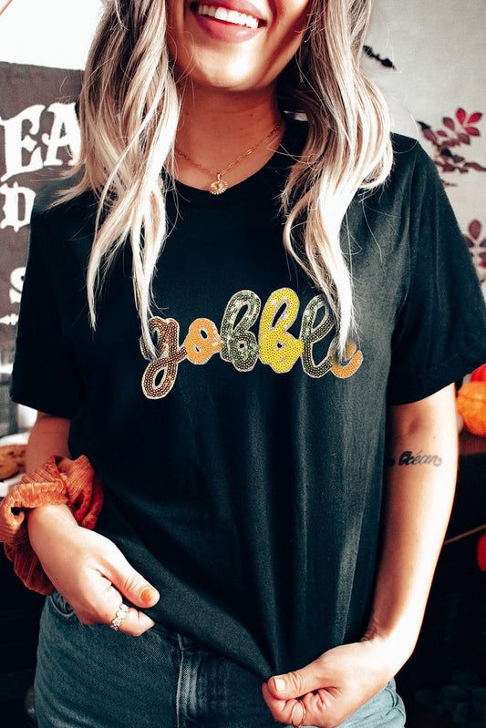Black gobble Letter Sequins Patch Thanksgiving T Shirt