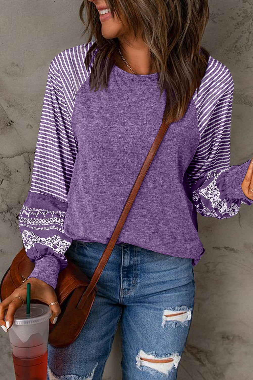 Brown Contrast Print Striped Raglan Long Sleeve Loose Top