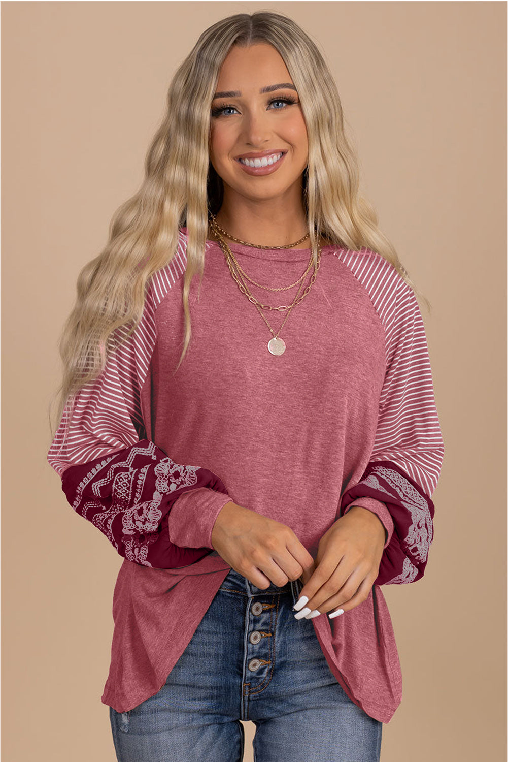 Brown Contrast Print Striped Raglan Long Sleeve Loose Top