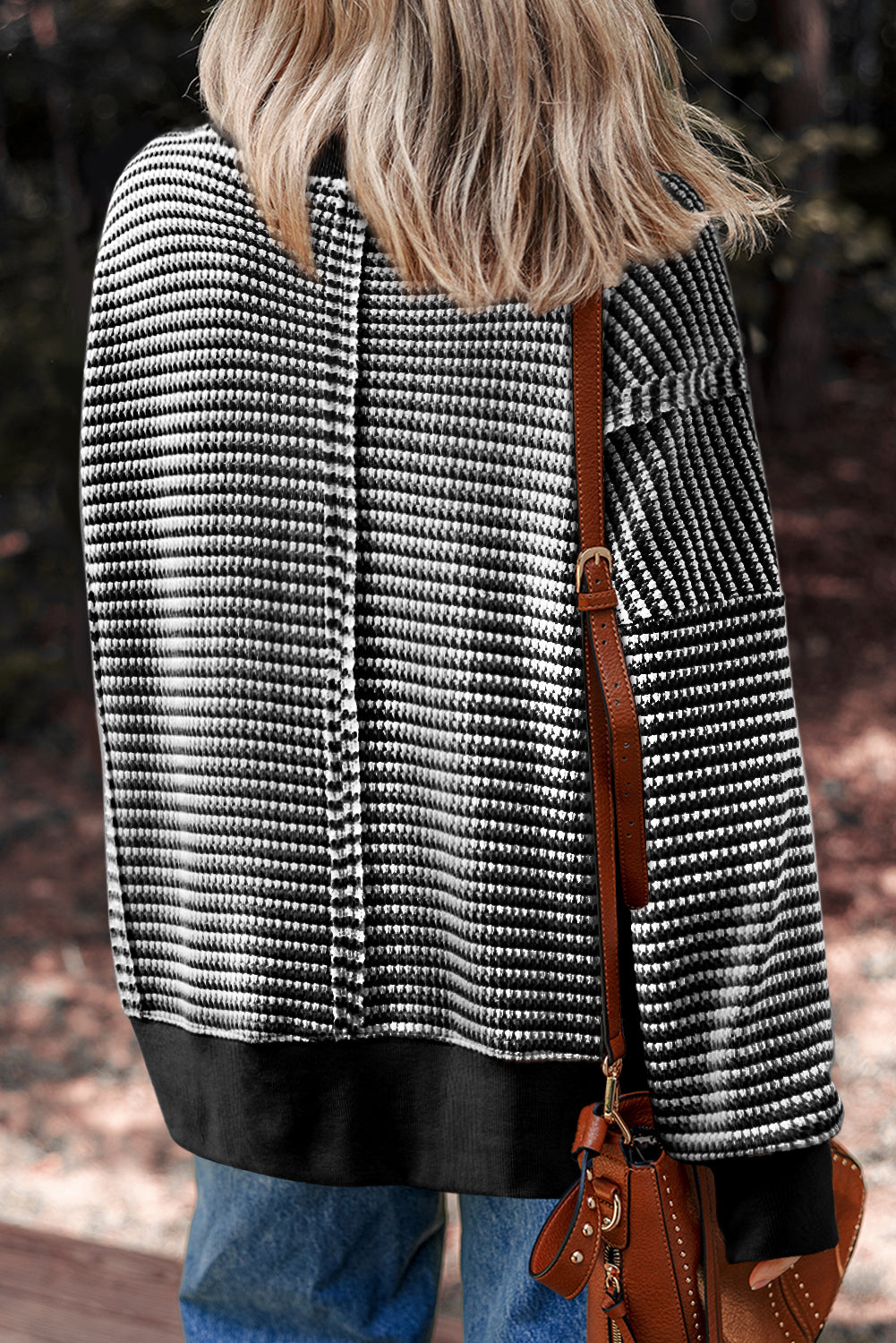 Black Stripe Ribbed Trim Drop Shoulder Long Sleeve Oversized Top