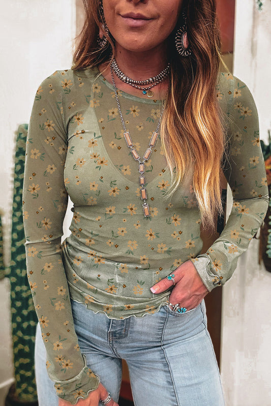 Laurel Green Vintage Floral Print Mesh Slim Fit Long Sleeve Top