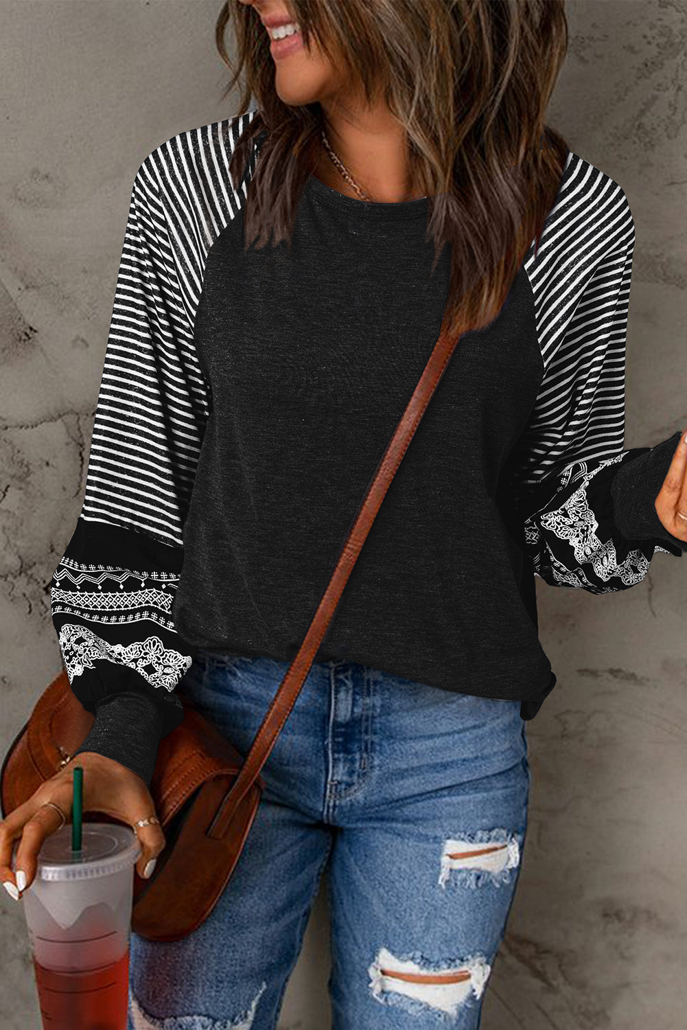 Brown Contrast Print Striped Raglan Long Sleeve Loose Top