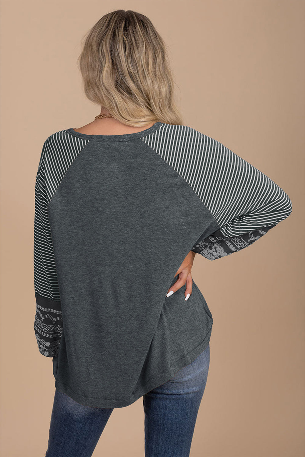 Brown Contrast Print Striped Raglan Long Sleeve Loose Top